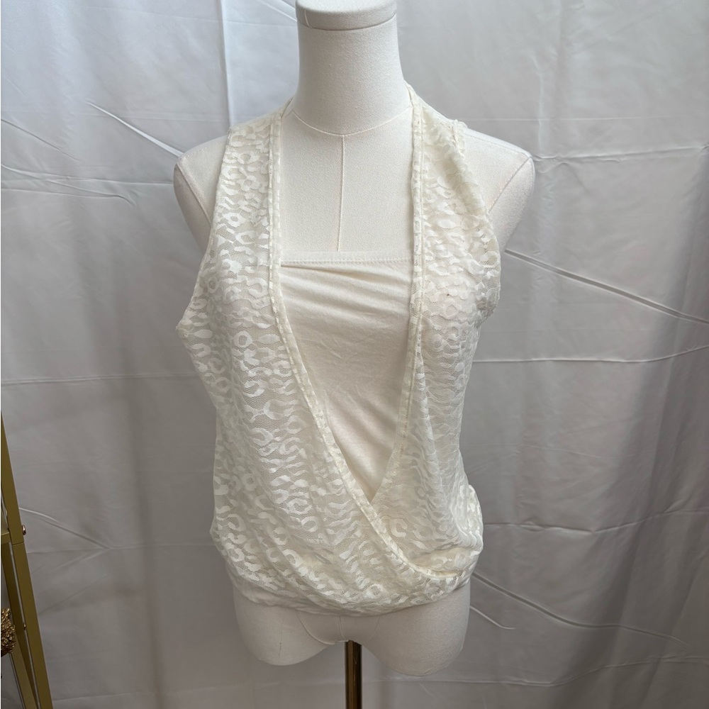 2b Bebe Cream Lace Overlay Sleeveless Surplice Top Size S Made in USA Y2K